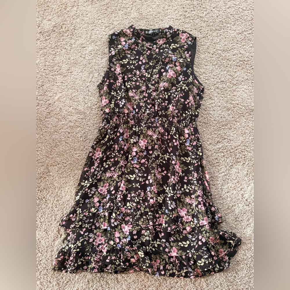 Allegra K Floral Sleeveless Mini Dress - Black and Pink